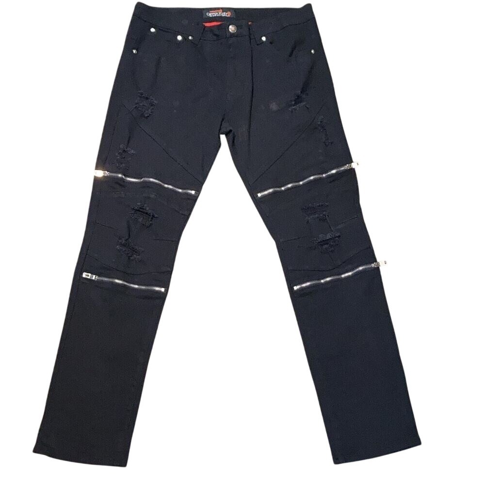 Copper Rivet Mens Black Zipper Wide Leg Distressed Jean 3XL Streetwear Oversized